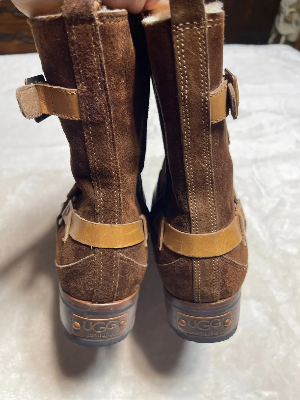 UGG Endell Brown Suede Harness Biker Booties with Tan Strap Accents Size 8.5